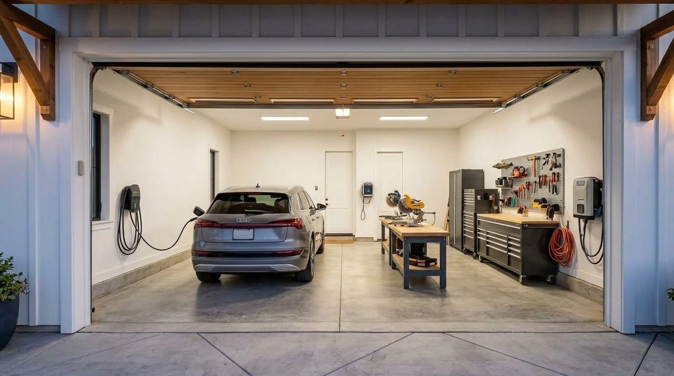 Stevens Garage Door Services Interior View of Custom Garage Door Overhead and Workshop